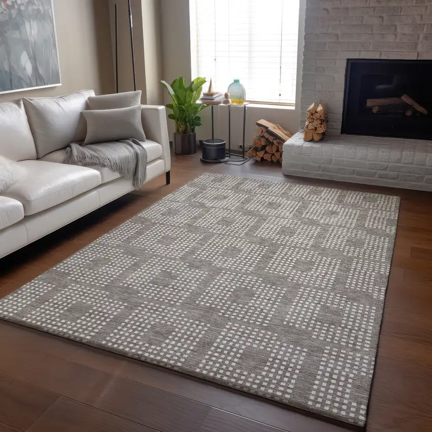Taupe And Ivory Geometric Washable Area Rug With UV Protection Photo 6