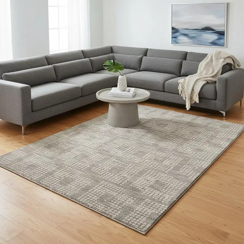 Taupe And Ivory Geometric Washable Area Rug With UV Protection Photo 2
