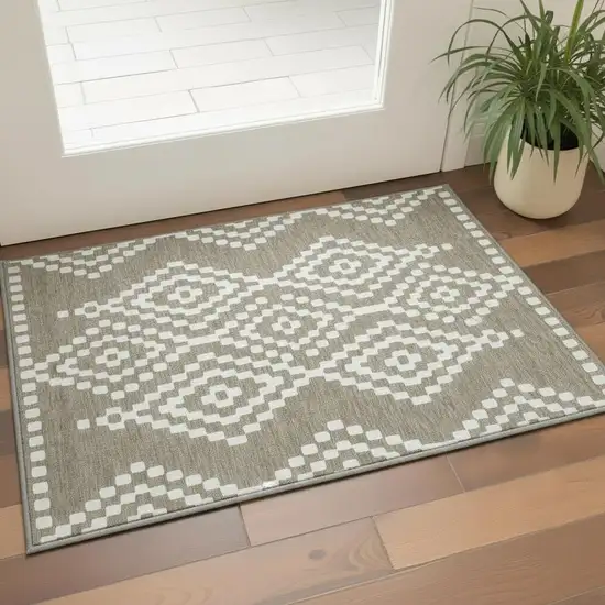 Taupe And Ivory Geometric Washable Area Rug With UV Protection Photo 2