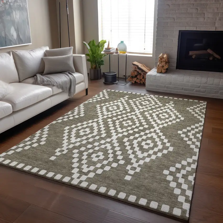 Taupe And Ivory Geometric Washable Area Rug With UV Protection Photo 6