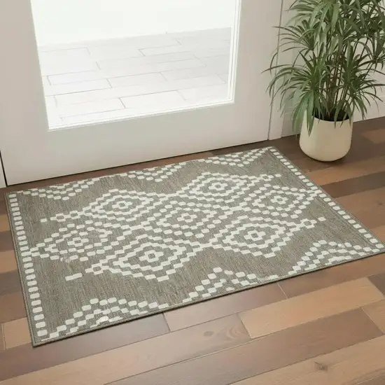 Taupe And Ivory Geometric Washable Area Rug With UV Protection Photo 1