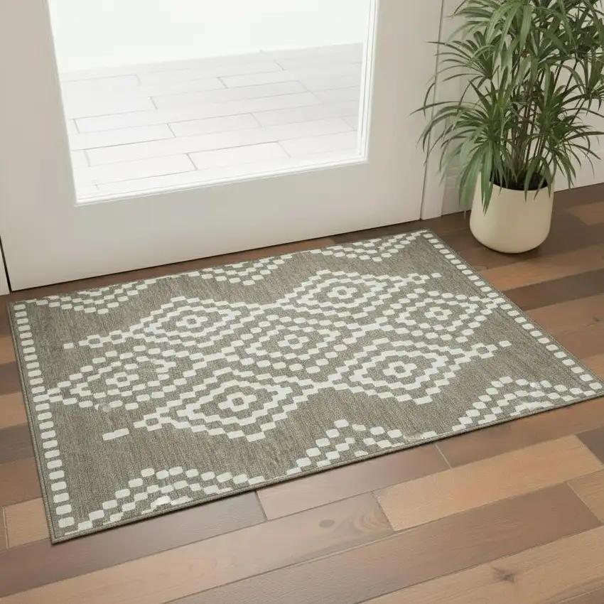 Taupe And Ivory Geometric Washable Area Rug With UV Protection Photo 1
