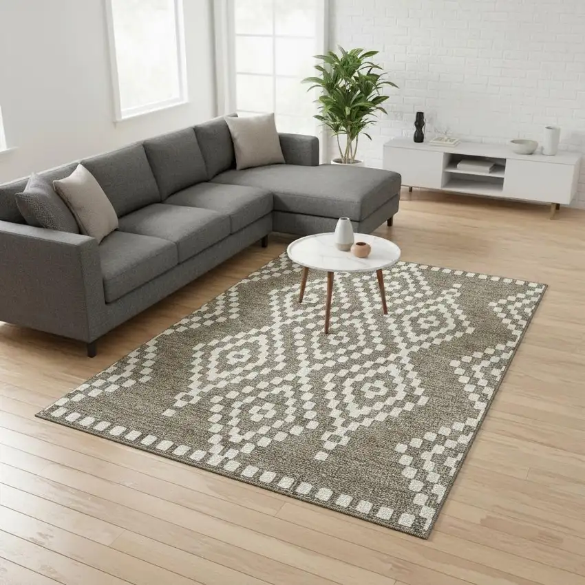 Taupe And Ivory Geometric Washable Area Rug With UV Protection Photo 2