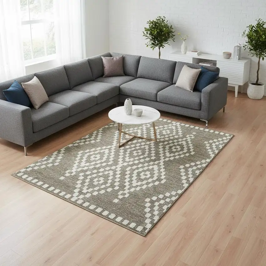 Taupe And Ivory Geometric Washable Area Rug With UV Protection Photo 2