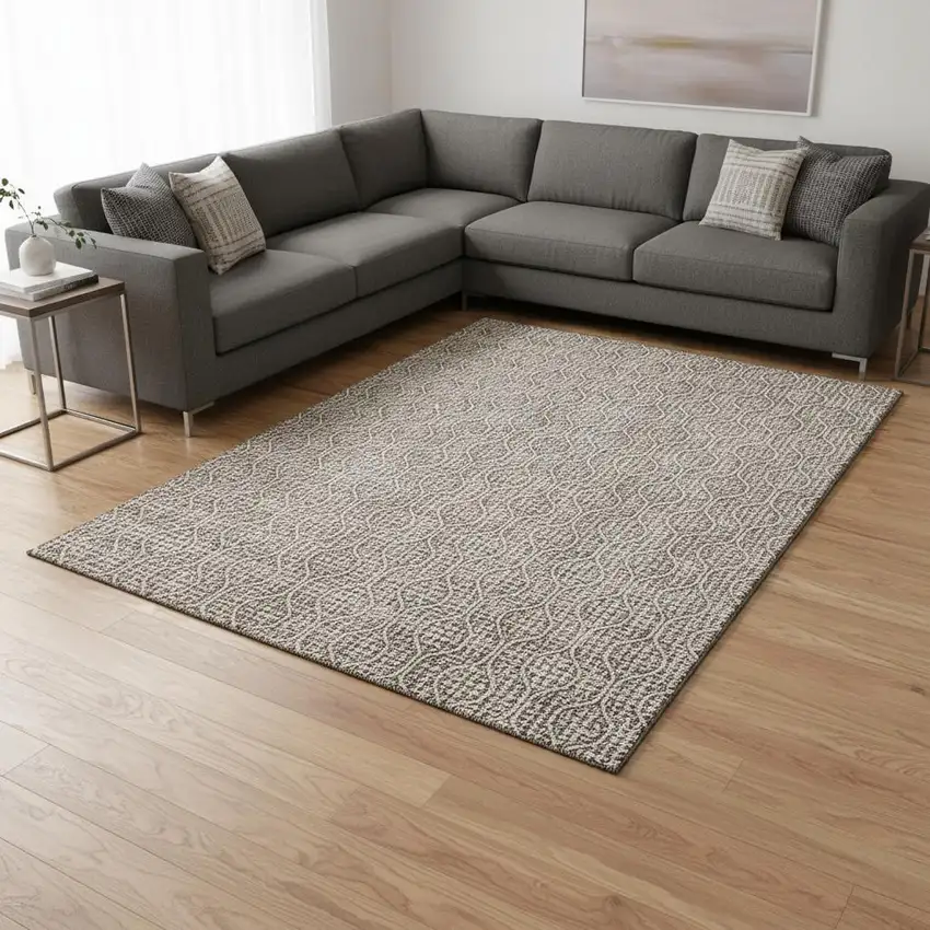 Taupe And Ivory Geometric Washable Area Rug With UV Protection Photo 2