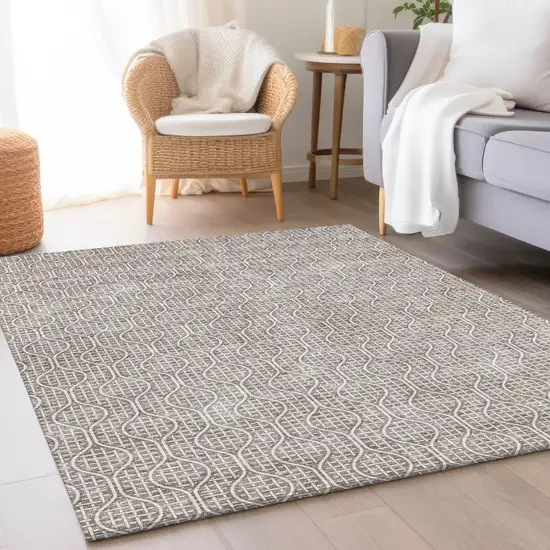 Taupe And Ivory Geometric Washable Area Rug With UV Protection Photo 4