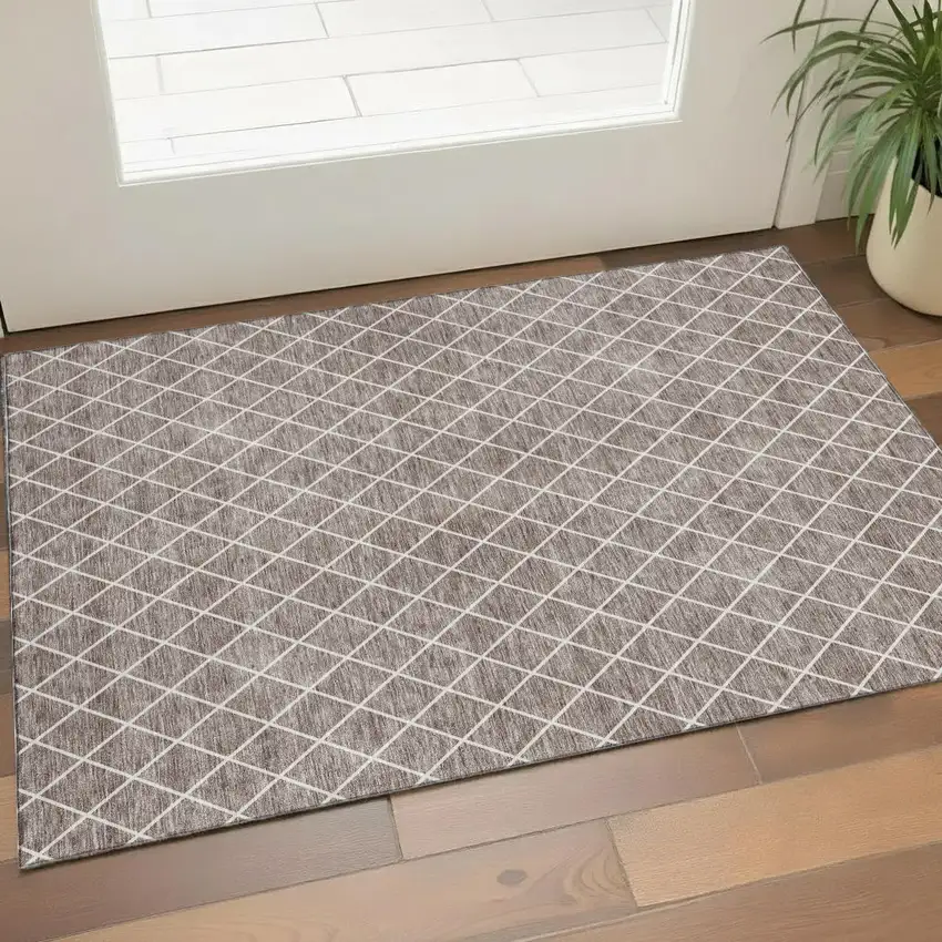 Taupe And Ivory Geometric Washable Area Rug With UV Protection Photo 1