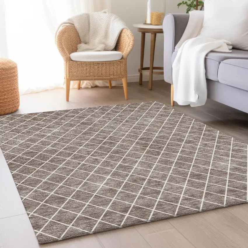 Taupe And Ivory Geometric Washable Area Rug With UV Protection Photo 4