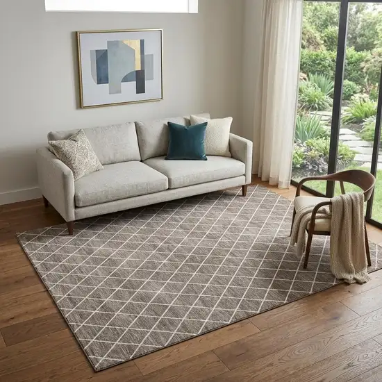 Taupe And Ivory Geometric Washable Area Rug With UV Protection Photo 1