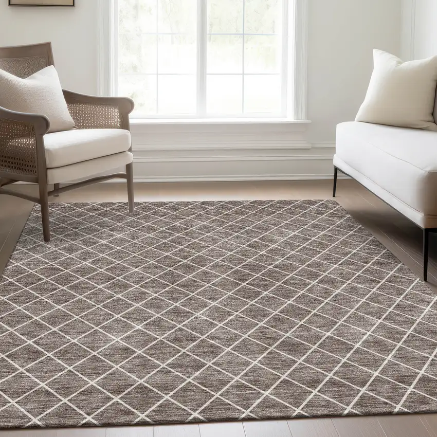 Taupe And Ivory Geometric Washable Area Rug With UV Protection Photo 5