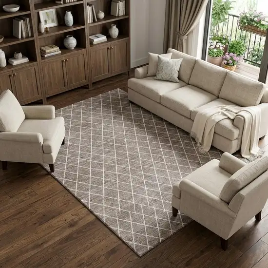 Taupe And Ivory Geometric Washable Area Rug With UV Protection Photo 1