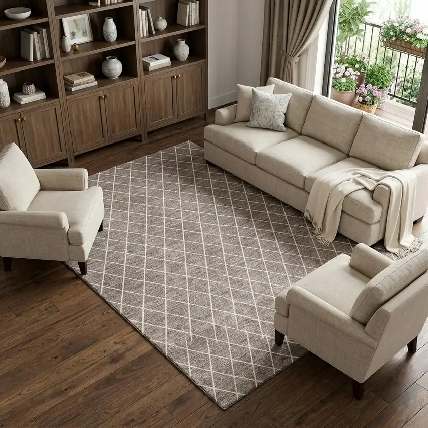Taupe And Ivory Geometric Washable Area Rug With UV Protection Photo 1