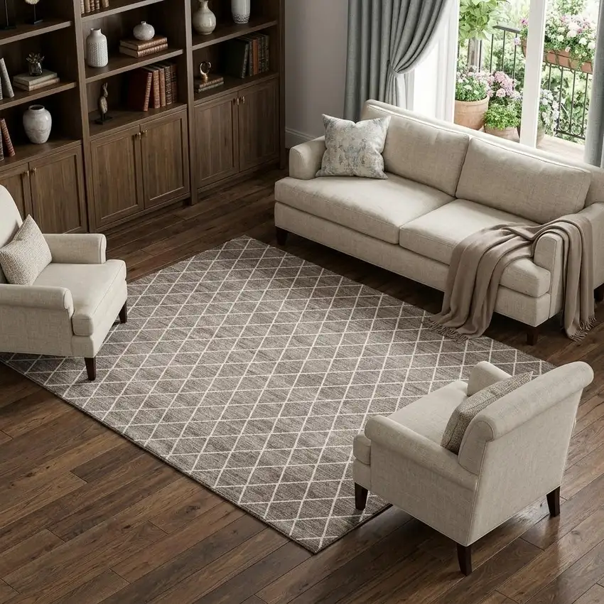 Taupe And Ivory Geometric Washable Area Rug With UV Protection Photo 1