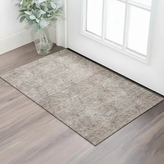 Taupe And Ivory Geometric Washable Area Rug With UV Protection Photo 2