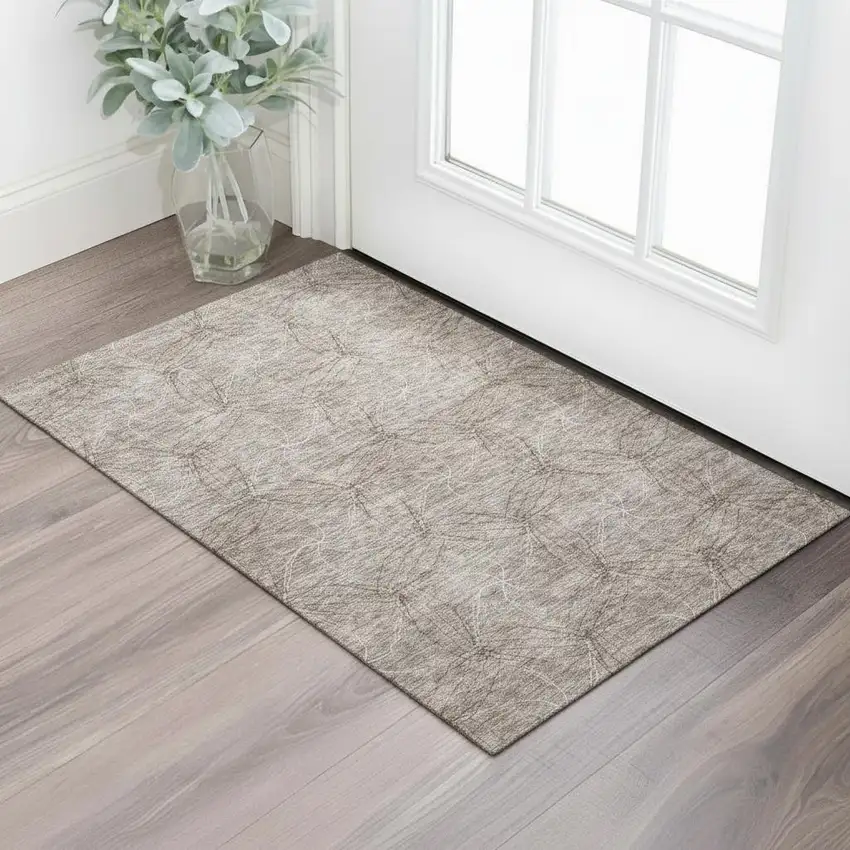 Taupe And Ivory Geometric Washable Area Rug With UV Protection Photo 2