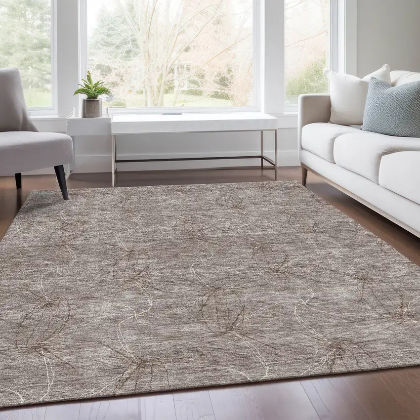 Taupe And Ivory Geometric Washable Area Rug With UV Protection Photo 5