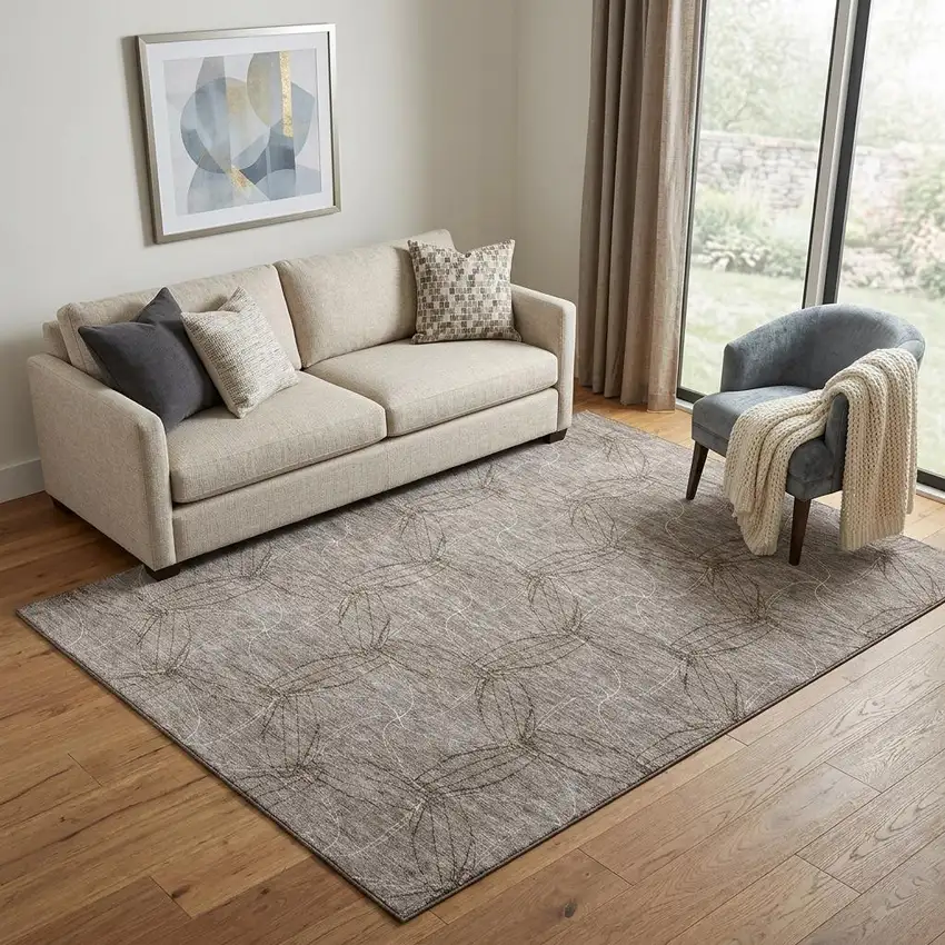 Taupe And Ivory Geometric Washable Area Rug With UV Protection Photo 1