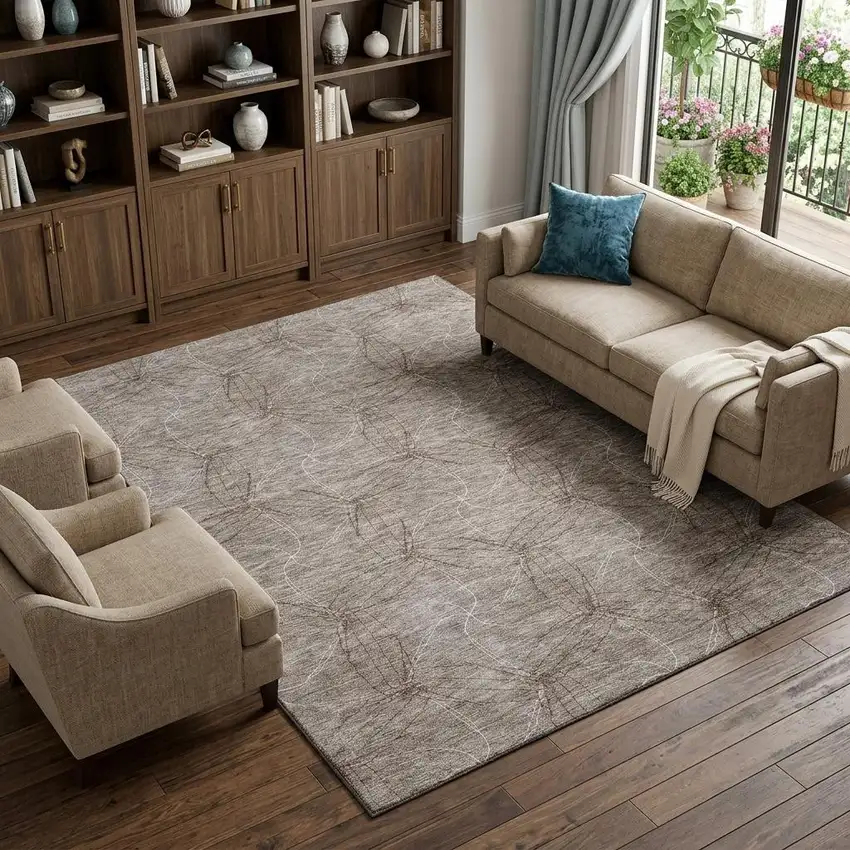 Taupe And Ivory Geometric Washable Area Rug With UV Protection Photo 1