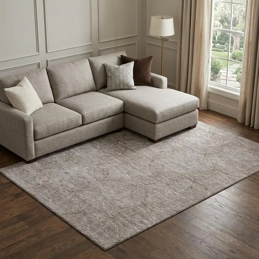 Taupe And Ivory Geometric Washable Area Rug With UV Protection Photo 1