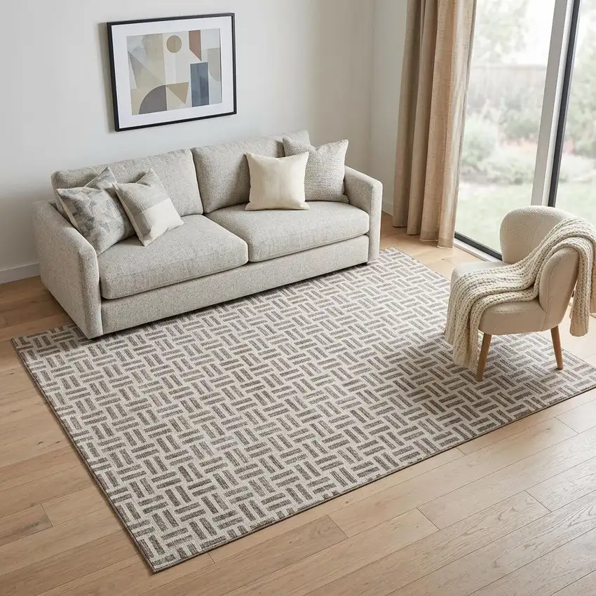 Taupe And Ivory Geometric Washable Area Rug With UV Protection Photo 1