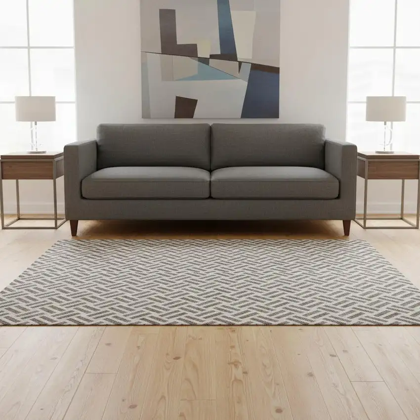 Taupe And Ivory Geometric Washable Area Rug With UV Protection Photo 2