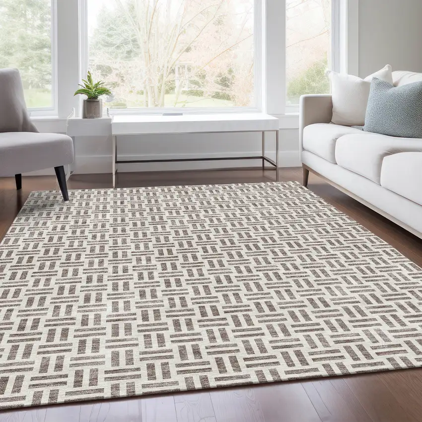 Taupe And Ivory Geometric Washable Area Rug With UV Protection Photo 3