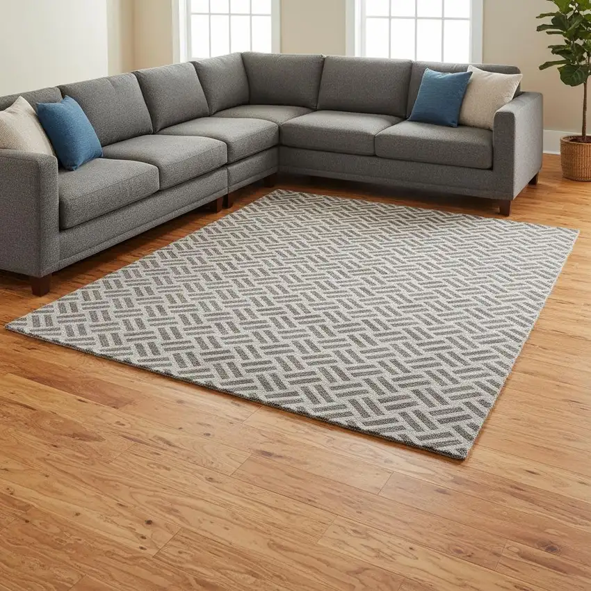 Taupe And Ivory Geometric Washable Area Rug With UV Protection Photo 2