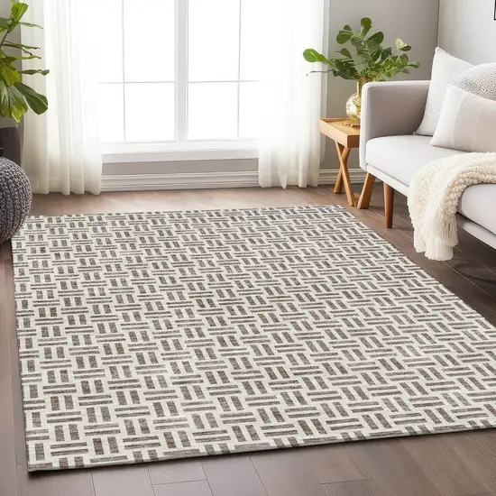 Taupe And Ivory Geometric Washable Area Rug With UV Protection Photo 3