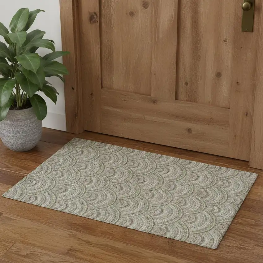Taupe And Ivory Geometric Washable Area Rug With UV Protection Photo 1
