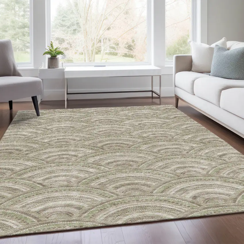 Taupe And Ivory Geometric Washable Area Rug With UV Protection Photo 6
