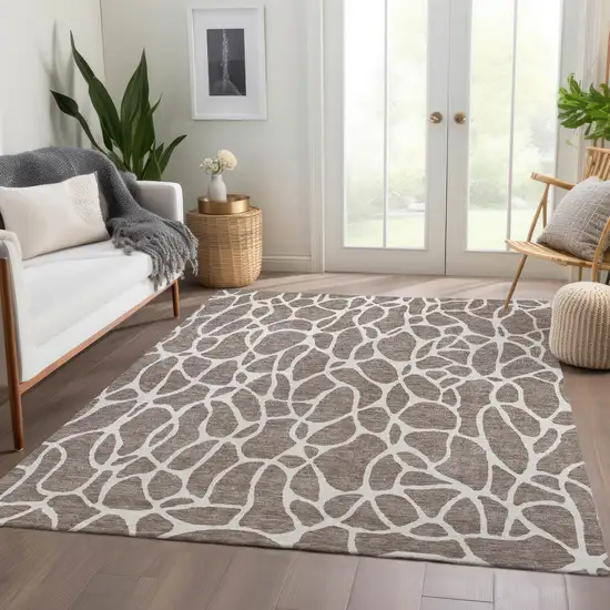 Taupe And Ivory Geometric Washable Area Rug With UV Protection Photo 5