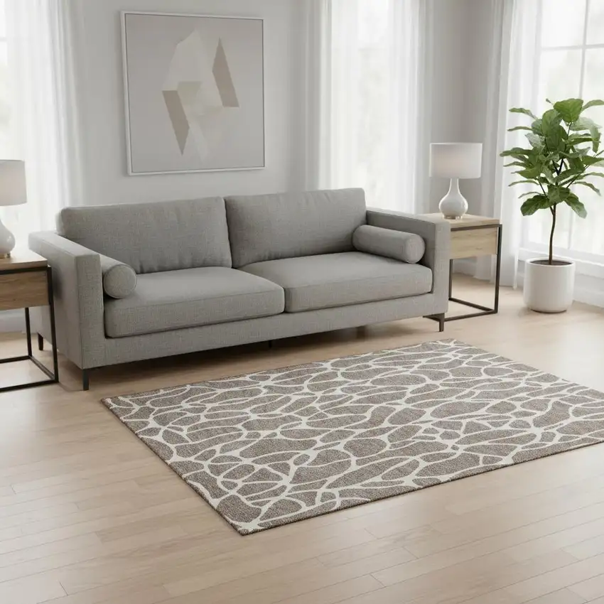 Taupe And Ivory Geometric Washable Area Rug With UV Protection Photo 2
