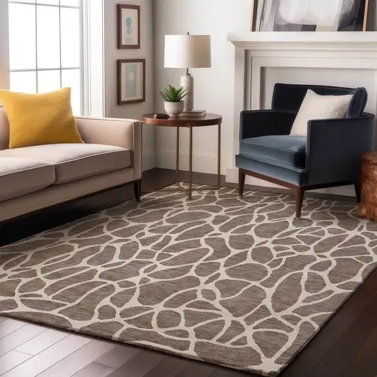 Taupe And Ivory Geometric Washable Area Rug With UV Protection Photo 4