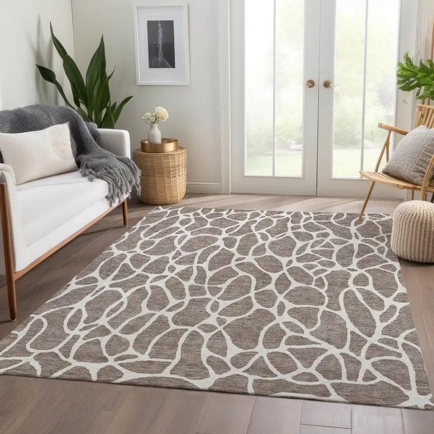 Taupe And Ivory Geometric Washable Area Rug With UV Protection Photo 5