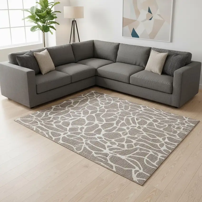 Taupe And Ivory Geometric Washable Area Rug With UV Protection Photo 2