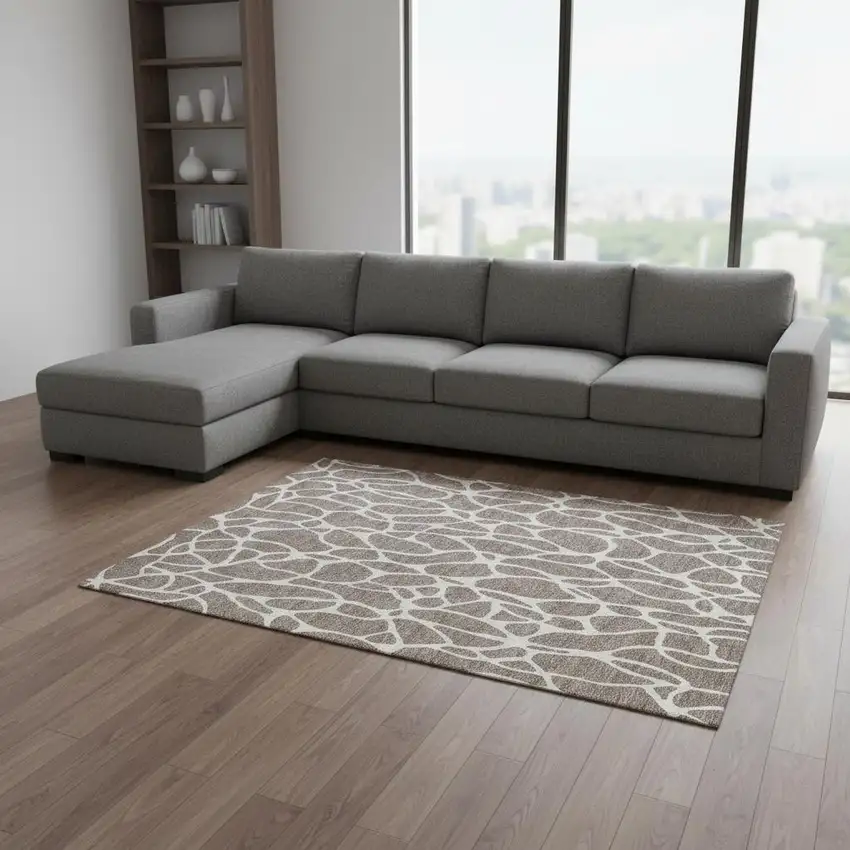 Taupe And Ivory Geometric Washable Area Rug With UV Protection Photo 2