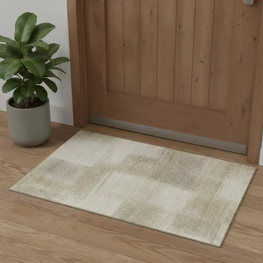 Taupe And Ivory Geometric Washable Area Rug With UV Protection Photo 1