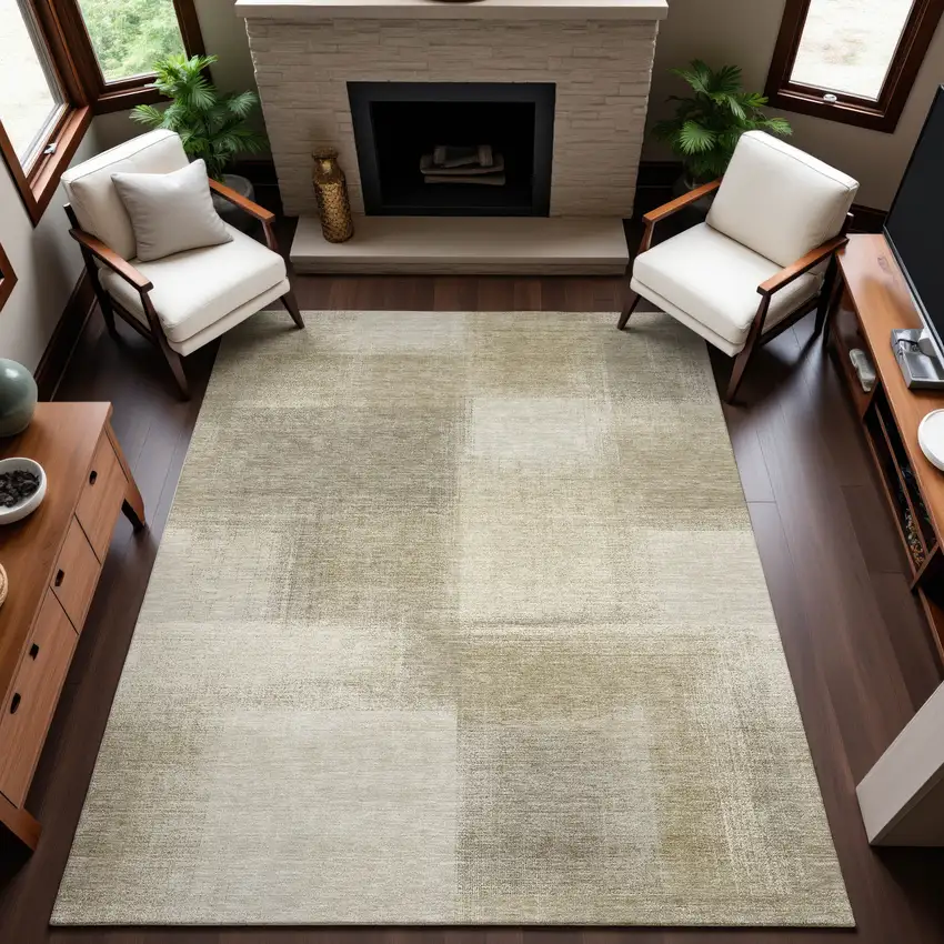 Taupe And Ivory Geometric Washable Area Rug With UV Protection Photo 3
