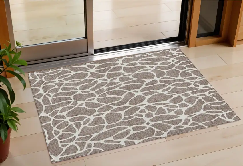 Taupe And Ivory Geometric Washable Indoor Outdoor Area Rug Photo 1