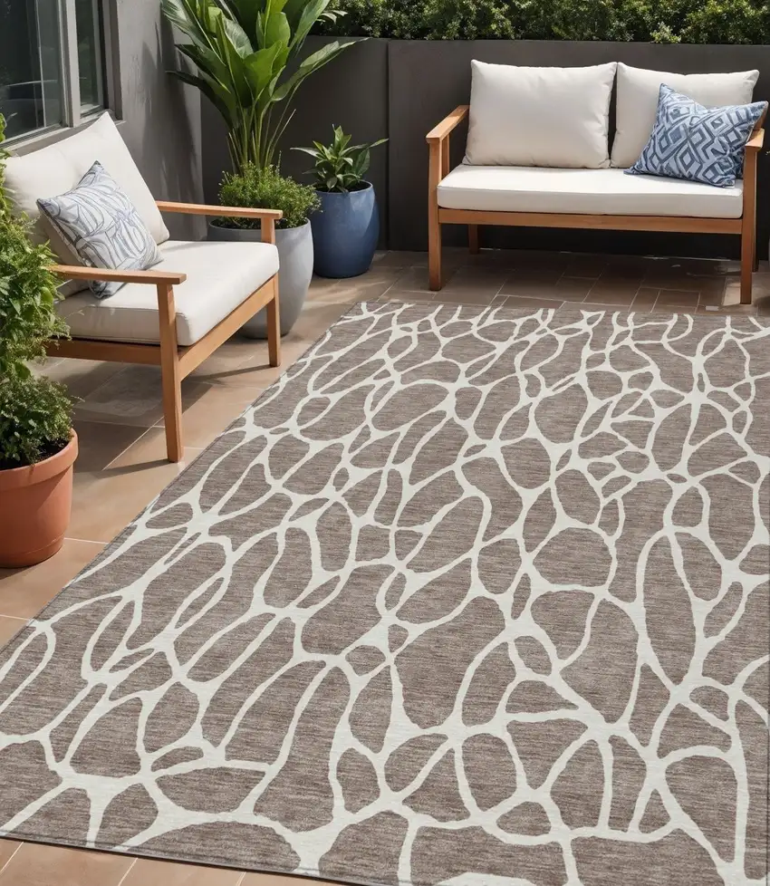 Taupe And Ivory Geometric Washable Indoor Outdoor Area Rug Photo 1