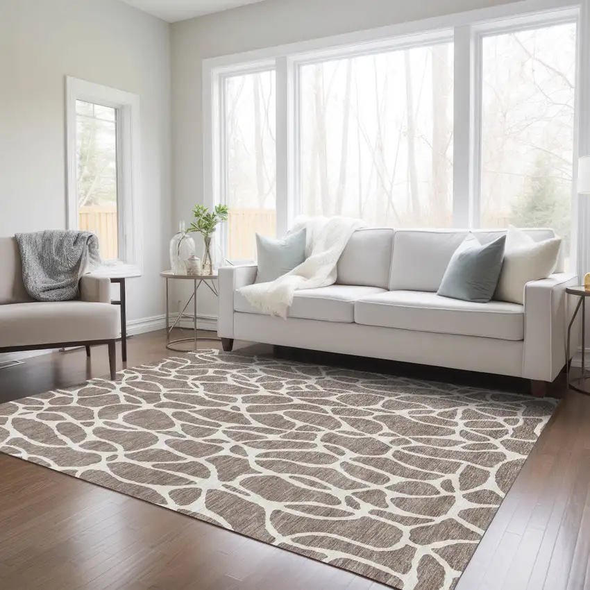 Taupe And Ivory Geometric Washable Indoor Outdoor Area Rug Photo 9