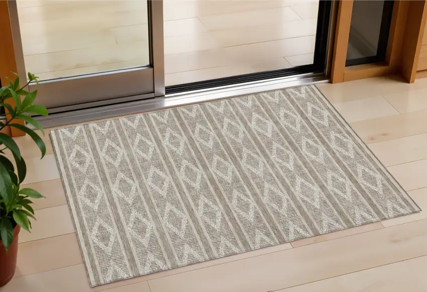 Taupe And Ivory Geometric Washable Indoor Outdoor Area Rug Photo 1