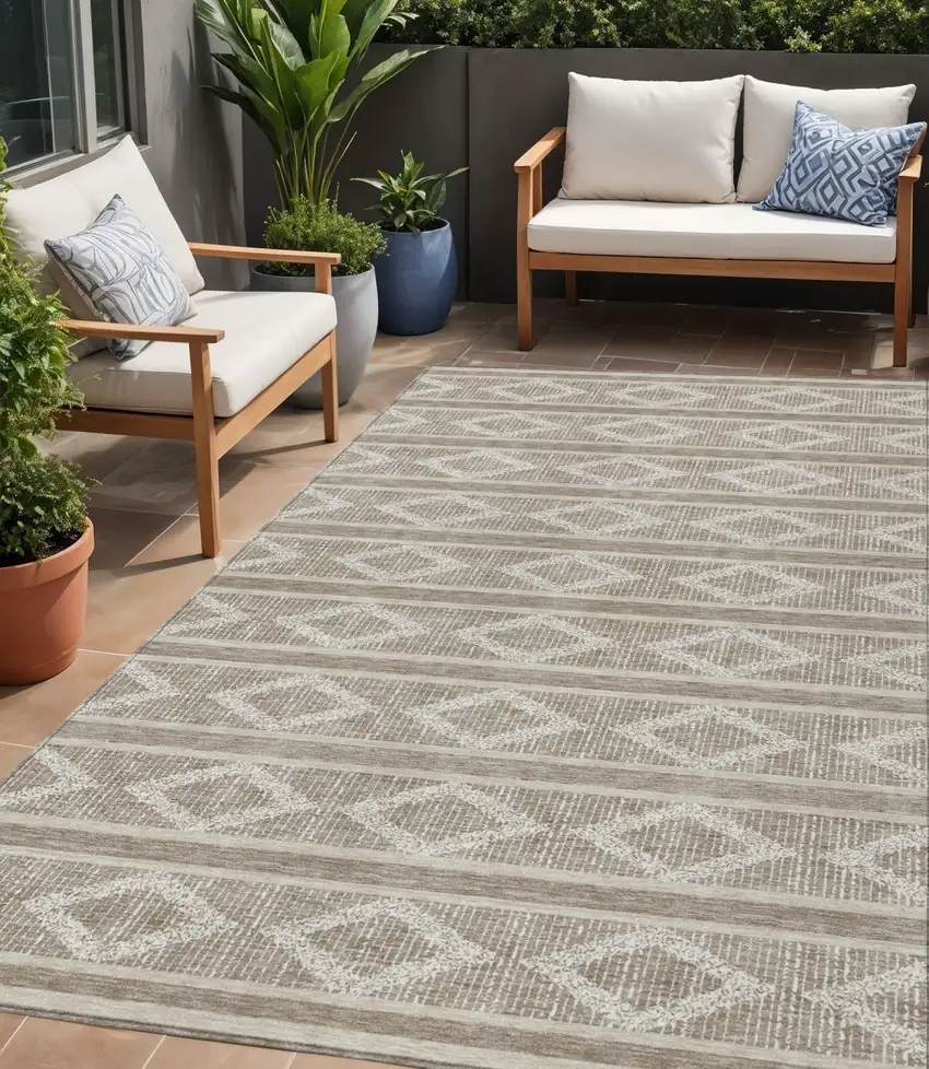 Taupe And Ivory Geometric Washable Indoor Outdoor Area Rug Photo 1