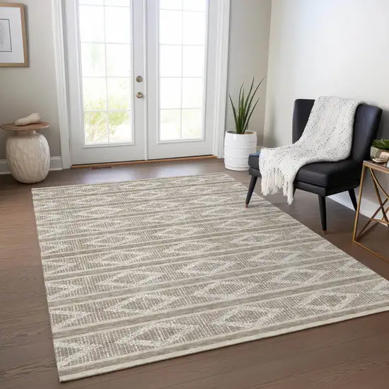 Taupe And Ivory Geometric Washable Indoor Outdoor Area Rug Photo 9