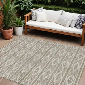 Photo of Taupe And Ivory Geometric Washable Indoor Outdoor Area Rug