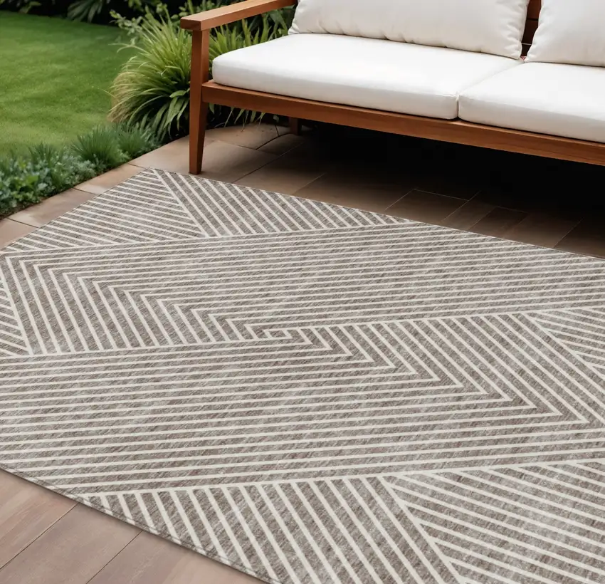 Taupe And Ivory Geometric Washable Indoor Outdoor Area Rug Photo 1