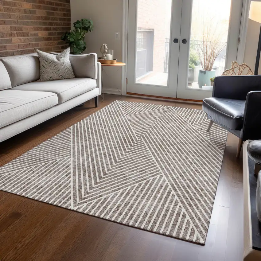 Taupe And Ivory Geometric Washable Indoor Outdoor Area Rug Photo 9