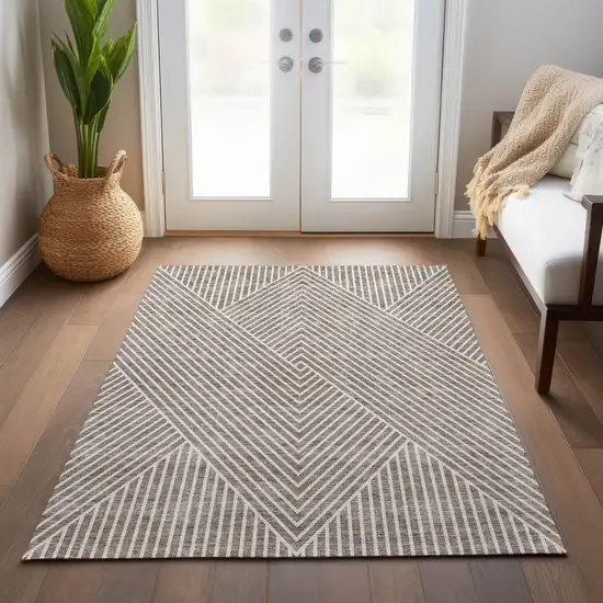 Taupe And Ivory Geometric Washable Indoor Outdoor Area Rug Photo 9