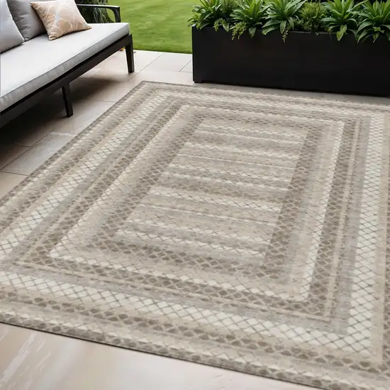 Taupe And Ivory Geometric Washable Indoor Outdoor Area Rug Photo 2