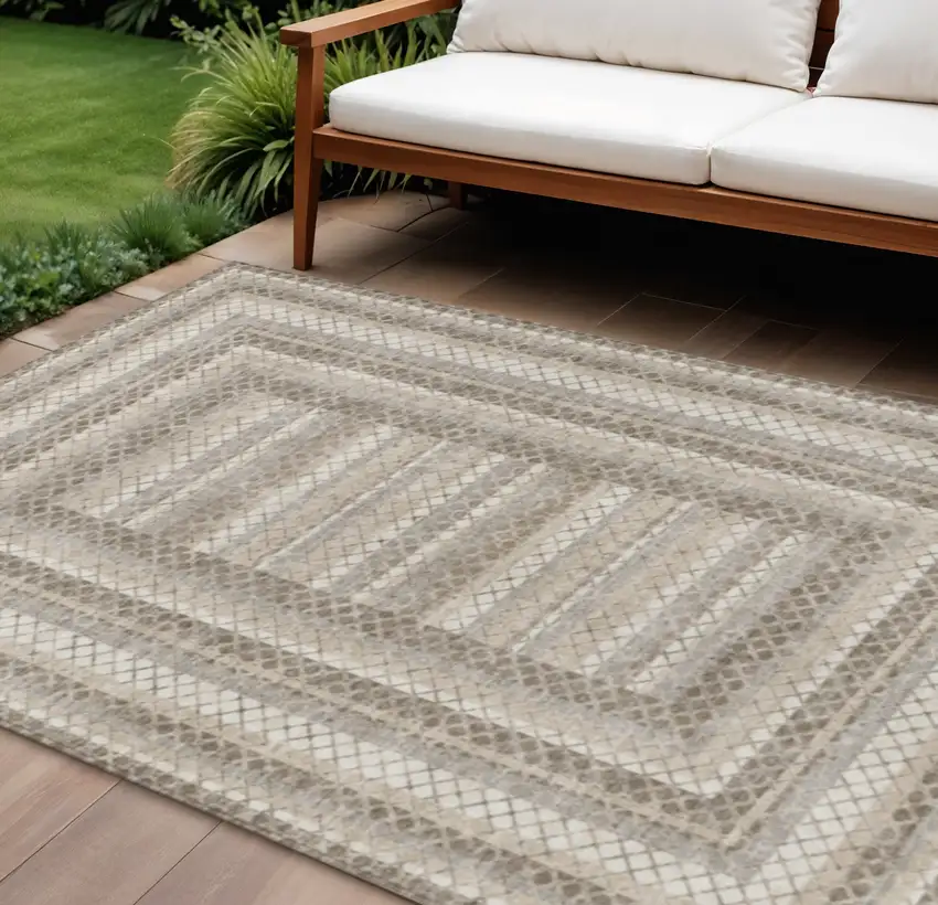 Taupe And Ivory Geometric Washable Indoor Outdoor Area Rug Photo 2